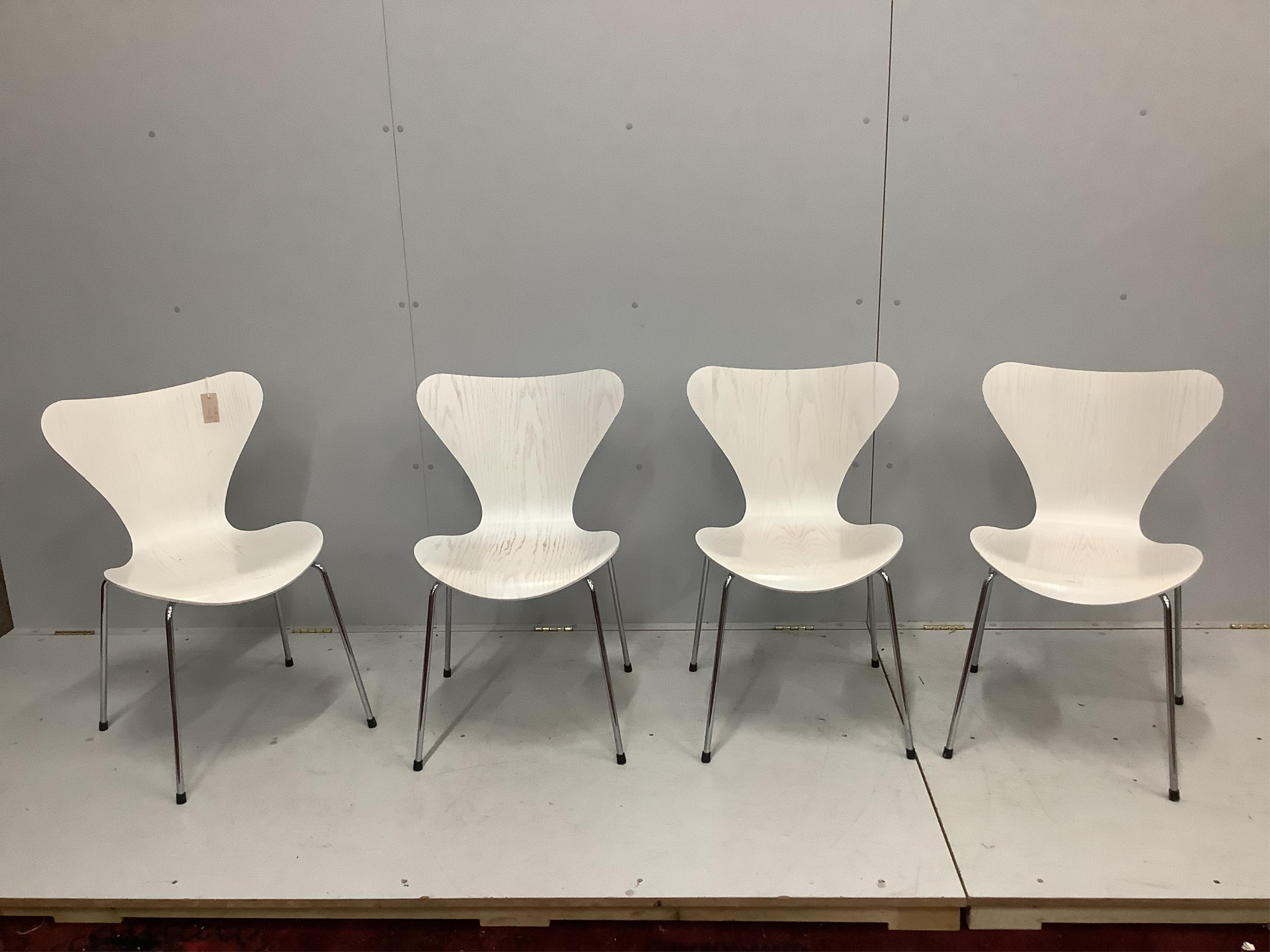 Four Fritz Hansen Series 7 white ash chairs, width 49cm, depth 49cm, height 78cm. Condition - fair